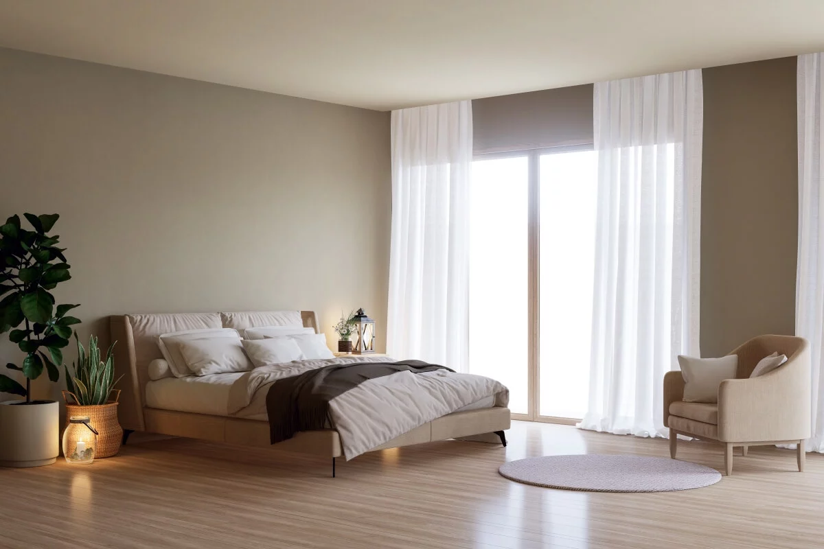 Minimalistyczna sypialnia w stylu japandi w stonowanych barwach